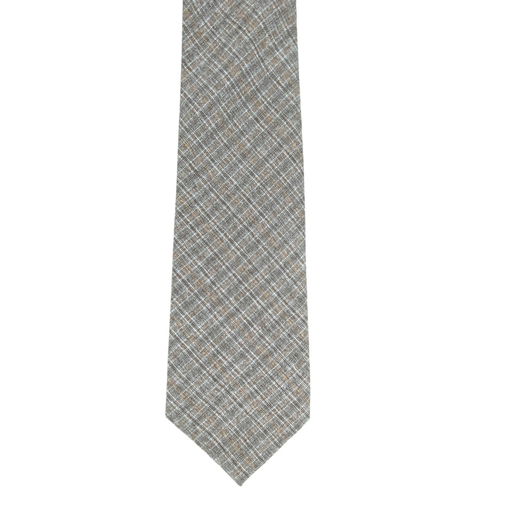 VTG Milano Necktie Pure Silk Brown Grey Gold Windowpane Plaid Tweed 3x53.5 Italy